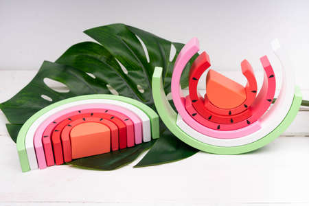 Wooden watermelon. Childrens wooden rainbow. Zero waste toys.の写真素材
