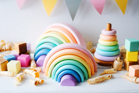 Childrens wooden toys. Rainbow made of natural wood. Zero waste concept.の写真素材