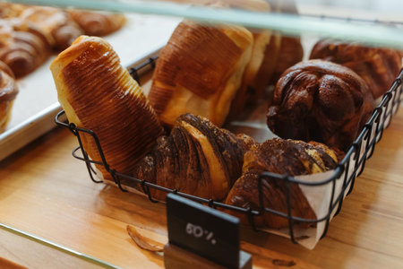 Showcase in the confectionery studio. Basket with pastries at a 50 discount.の写真素材