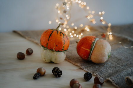 Autumn. Garland with warm light lanterns. Bokeh. Pumpkin, nuts, cones.の写真素材
