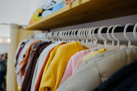 Childrens clothing store. Bright childrens clothing.の写真素材