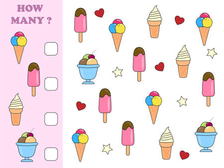 Educational math game for preschool children. How many objects task. Counting game for kids. Kids activity page.のイラスト素材