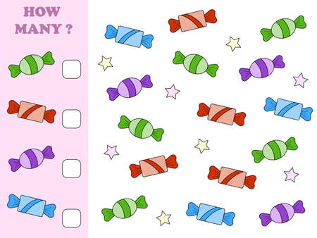 Educational math game for preschool children. How many objects task. Counting game for kids. Kids activity page.のイラスト素材