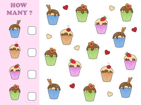 Educational math game for preschool children. How many objects task. Counting game for kids. Kids activity page.のイラスト素材
