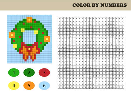 Color by numbers, education game for children. Coloring book with numbered squares. Christmas wreath.のイラスト素材