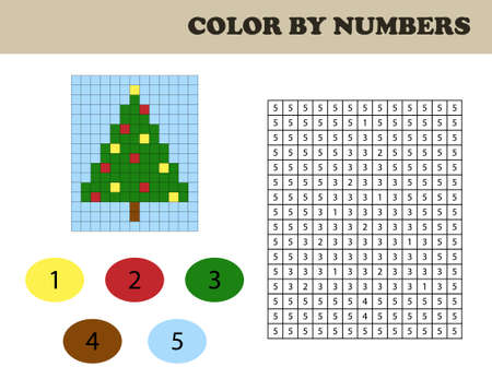 Color by numbers, education game for children. Coloring book with numbered squares. Christmas tree.のイラスト素材