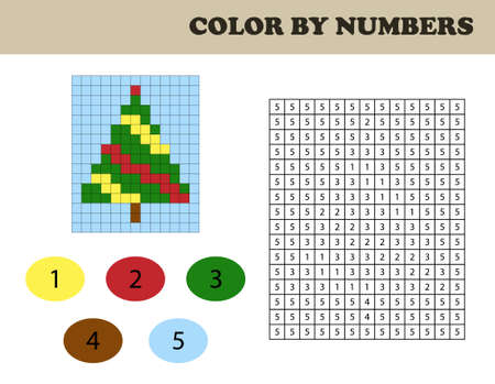Color by numbers, education game for children. Coloring book with numbered squares. Christmas tree.のイラスト素材