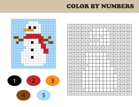 Color by numbers, education game for children. Coloring book with numbered squares. Christmas time. Snowman.のイラスト素材