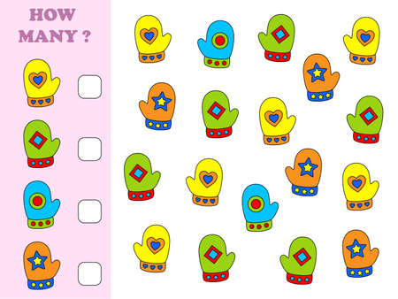How many objects task. Educational math game for preschool children. Counting game for kids. Christmas. Mittens.のイラスト素材