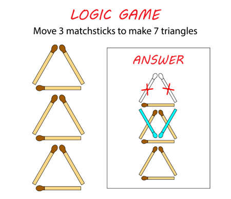 Logic game for kids. Puzzle game with matches. Move 3 matchsticks to make 7 triangles.のイラスト素材