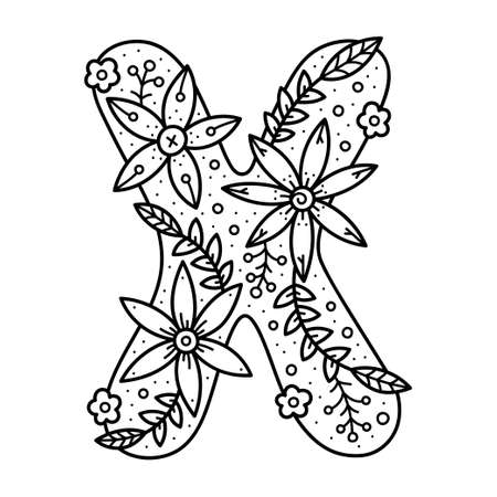 Floral alphabet. Black and white doodle letter. Coloring book for adults and kids.のイラスト素材
