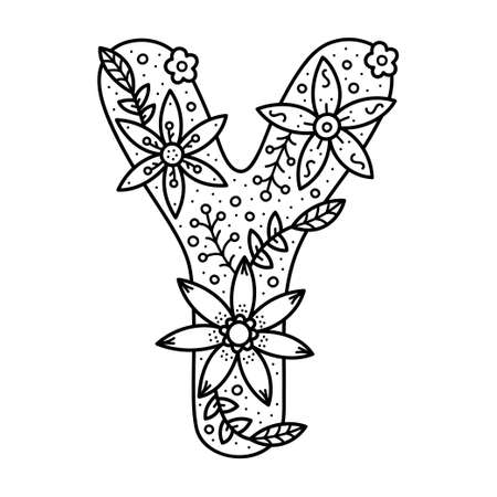 Floral alphabet. Black and white doodle letter. Coloring book for adults and kids.のイラスト素材