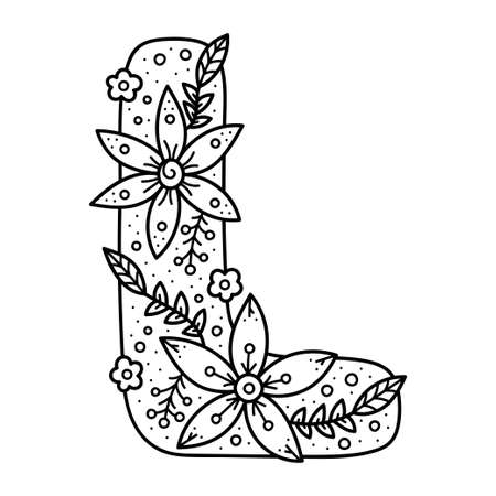 Floral alphabet. Black and white doodle letter. Coloring book for adults and kids.のイラスト素材