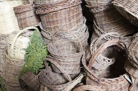 Hand-made wicker baskets at the marketの写真素材