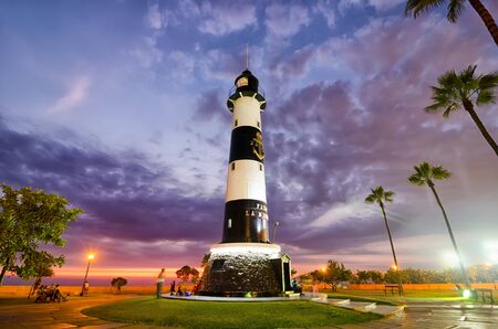LIMA, PERU, 21 FEBRUARY 2017: view to light house at the sunset in Miraflores district at nightのeditorial素材