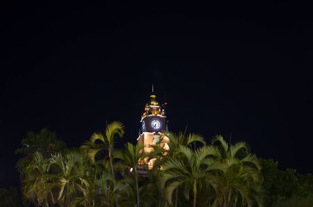 Clock tower of Cathedral behind palm trees at night in downtown Merida, Mexico.