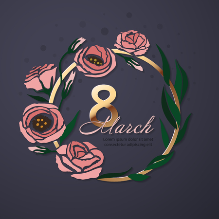 Vector flower greeting banner with eustoma and golden frame. March 8 International Womens Day. Flat style.のイラスト素材