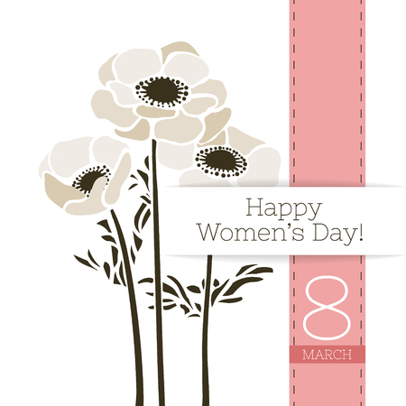 Flower greeting vector banner with a bouquet of anemones and ribbon. International Women's day flat style.のイラスト素材