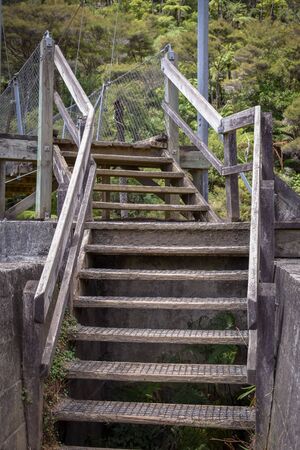 Old wooden stairs in Karangahake Gorge, New Zealand