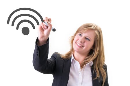 Young businesswoman drawing social media icon conceptの写真素材