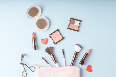Set of Makeup cosmetics products with bag on top view, vintage styleの写真素材