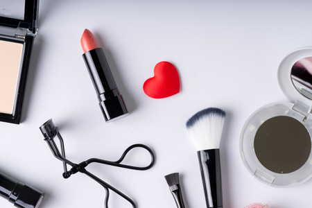 Set of Makeup cosmetics products with bag on top viewの写真素材