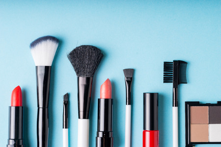 Set of Makeup cosmetics products with bag on top viewの写真素材