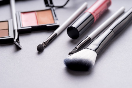 Set of Makeup cosmetics products with bag on top viewの写真素材