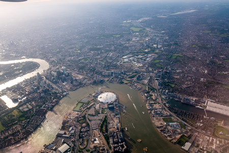 Aerial view of Central London through airplane windowの写真素材