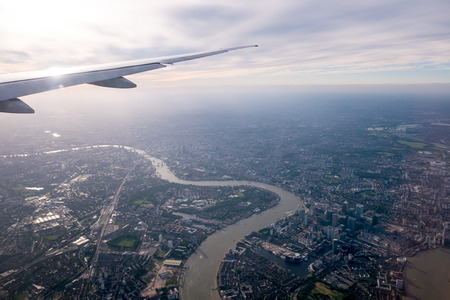 Aerial view of Central London through airplane windowの写真素材