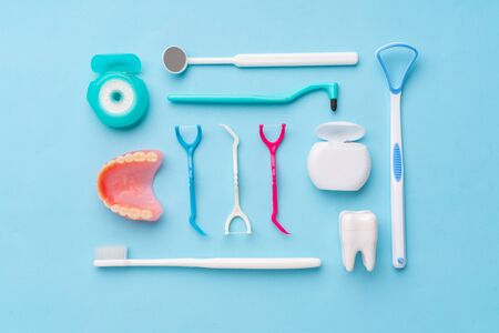 Dental equipments from the top view, flat lay in the studioの写真素材