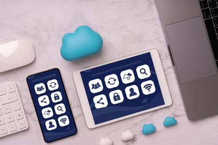 Cloud technology icon on smart phone for online shopping global business conceptの写真素材
