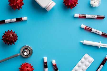 COVID 19 or Corona virus on top view of medical equipmentの写真素材