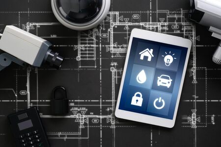 CCTV security online camera with icon interface on smart phoneの写真素材