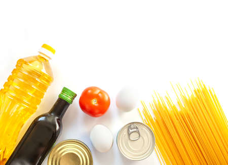 Groceries on a white background with place for text on topの写真素材