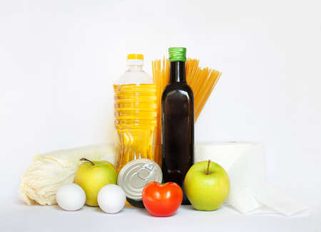 Groceries on a white background with place for text.の写真素材