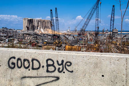 Beirut Port Massive Explosion site. Hundreds of tonnes of wheat appear among the rubble as Lebanon's backup wheat silos got demolishedのeditorial素材