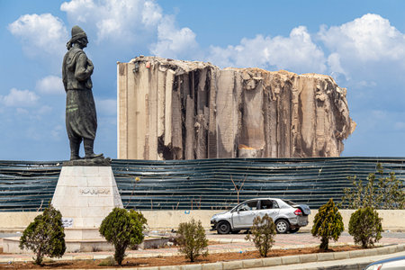 Beirut Port Massive Explosion site. Hundreds of tonnes of wheat appear among the rubble as Lebanon's backup wheat silos got demolishedのeditorial素材