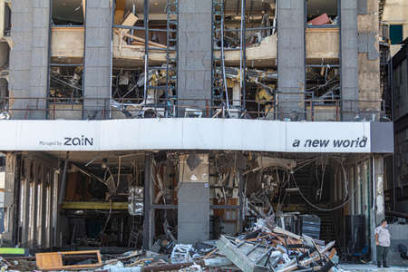 Beirut Port Massive Explosion site. Hundreds of tonnes of wheat appear among the rubble as Lebanon's...