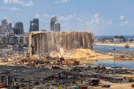 Beirut Port Massive Explosion site. Hundreds of tonnes of wheat appear among the rubble as Lebanon's backup wheat silos got demolishedの写真素材