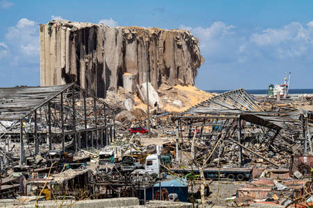 Beirut Port Massive Explosion site. Hundreds of tonnes of wheat appear among the rubble as Lebanon's backup wheat silos got demolishedの写真素材