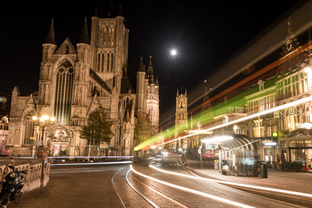 Night view of the cathedral of Ghent, Belgium.の写真素材