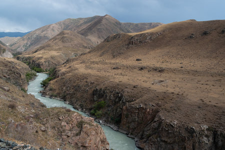 Landscape of mountains and river, Kyrgyzstan, Central Asiaの写真素材