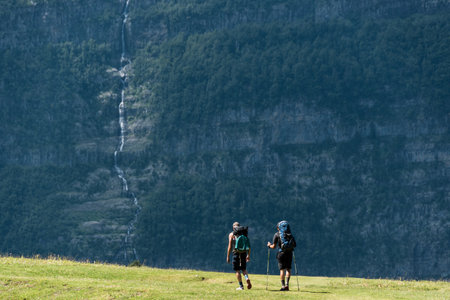 Hikers in the mountains, Geirangerfjord, Norwayの写真素材