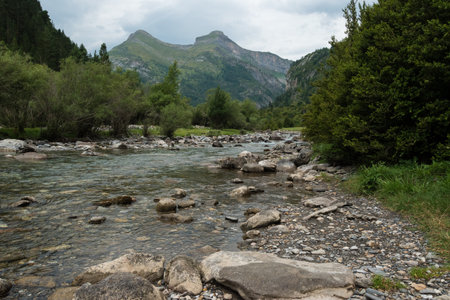 Mountain river in the Pyrenees, Huesca, Aragon, Spainの写真素材