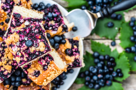 Sweet pie baked with blueberry fruits on yeast dough, pieces on plate, top viewの写真素材