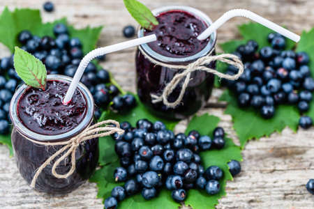 Fresh drink made from blueberries, summer smoothie with vitamin mixed from ripe fruitsの写真素材