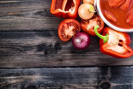Preserved tomatoes and vegetables for tomato soup.の写真素材