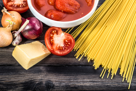 Ingredients of spaghetti bolognese, italian cuisineの写真素材