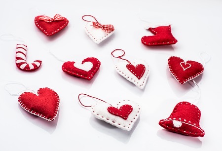 Set of Christmas decorations hanging on a white background.の写真素材